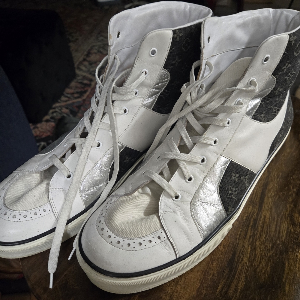 Louis Vuitton White and Silver High-Top Sneakers